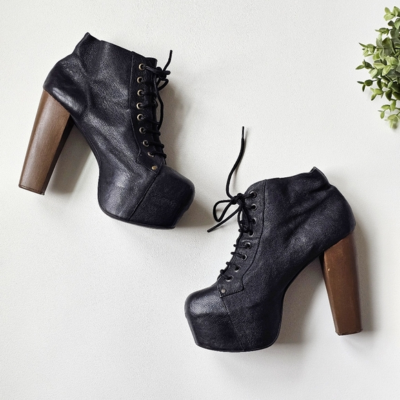 Jeffrey Campbell Lita Black Leather Platform Booties 10M Wood Heel Lace Up